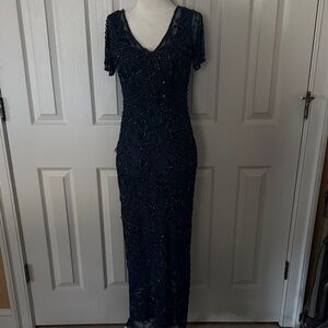 Unique Marine Blue Beaded Maxi Dress